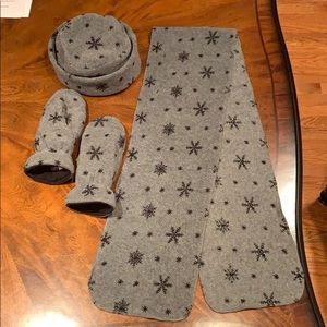 Grey and black snowflake hat, mitten, scarf set
